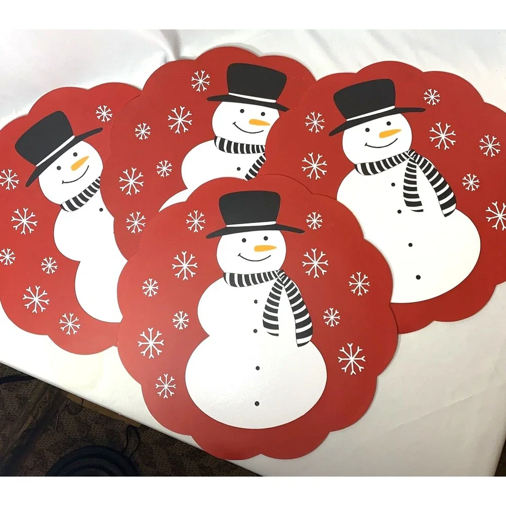 Snowman Placemats + Coasters X4 Vintage Vinyl Red‎ Black Round 15 inch - CUTE!